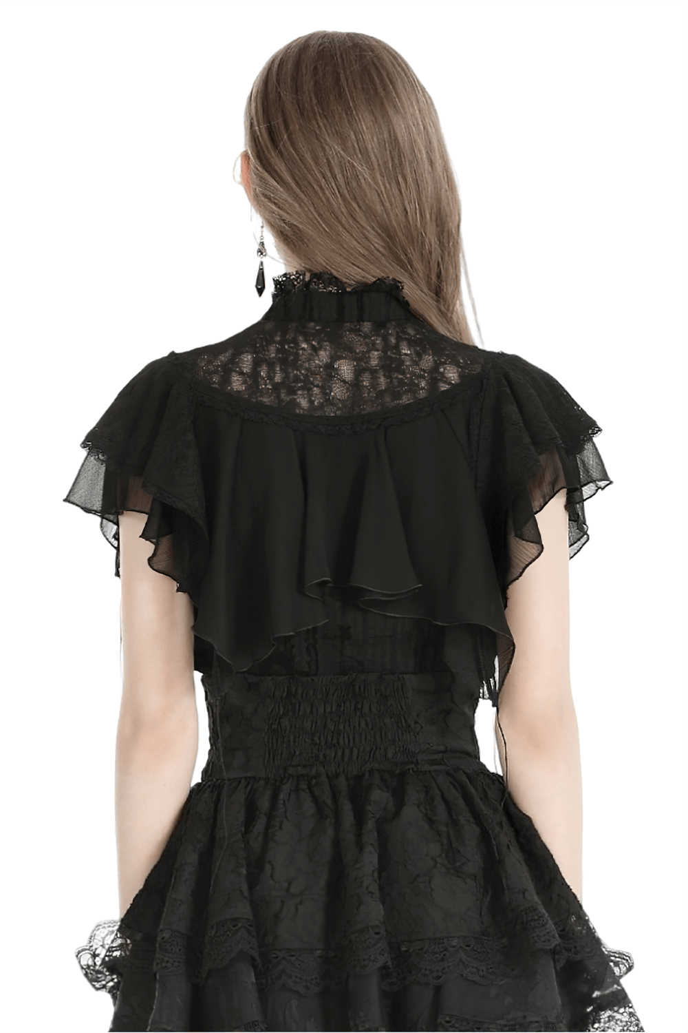 Back view of gothic black lace trim blouse with ruffled sleeves, highlighting intricate lace design and elegant ruffles.