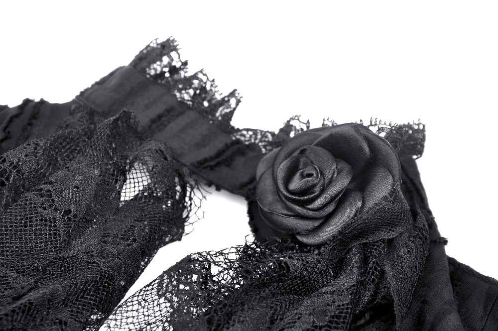 Gothic black lace trim with ruffled edges and a dark rose detail, perfect for adding elegance to any outfit.