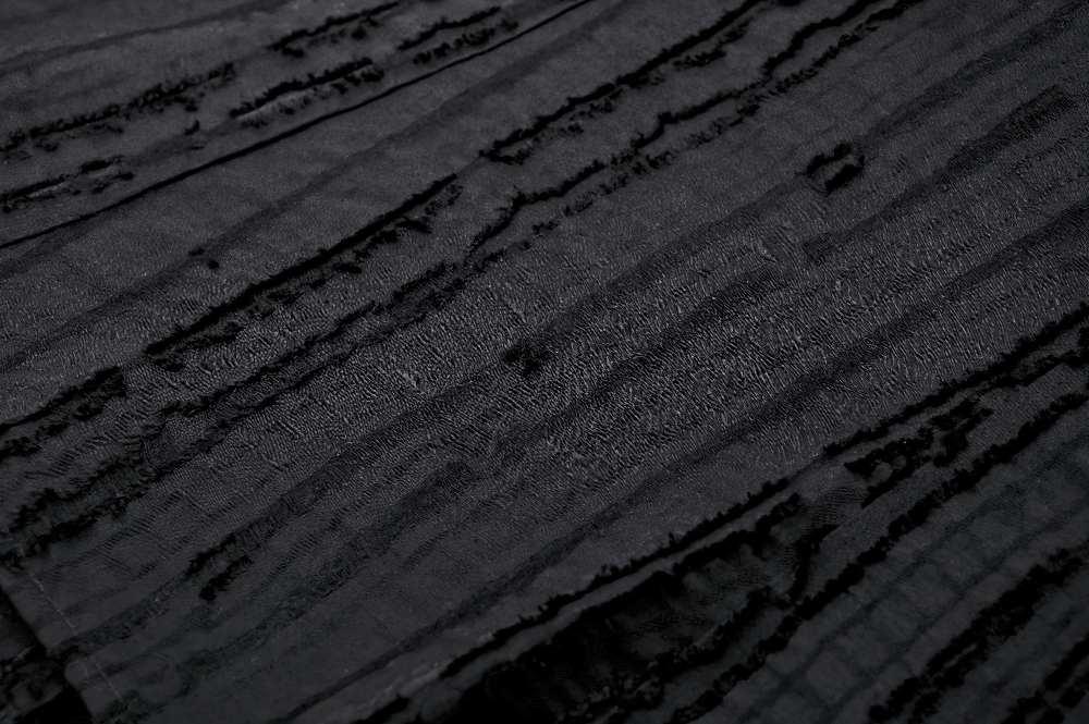 Close-up of Gothic black lace fabric with intricate textures, perfect for ruffled sleeve blouses.
