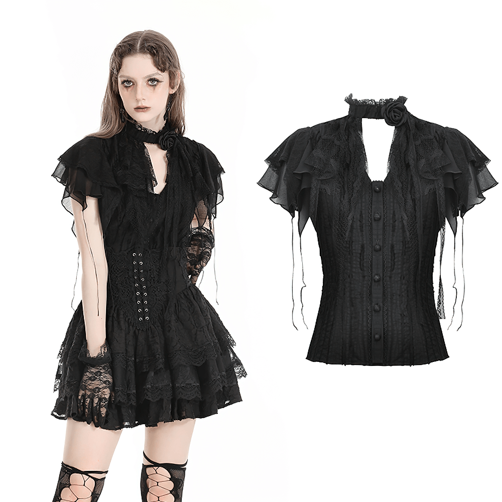 Gothic black lace trim blouse with ruffled sleeves and Victorian-inspired design for dark fashion lovers.