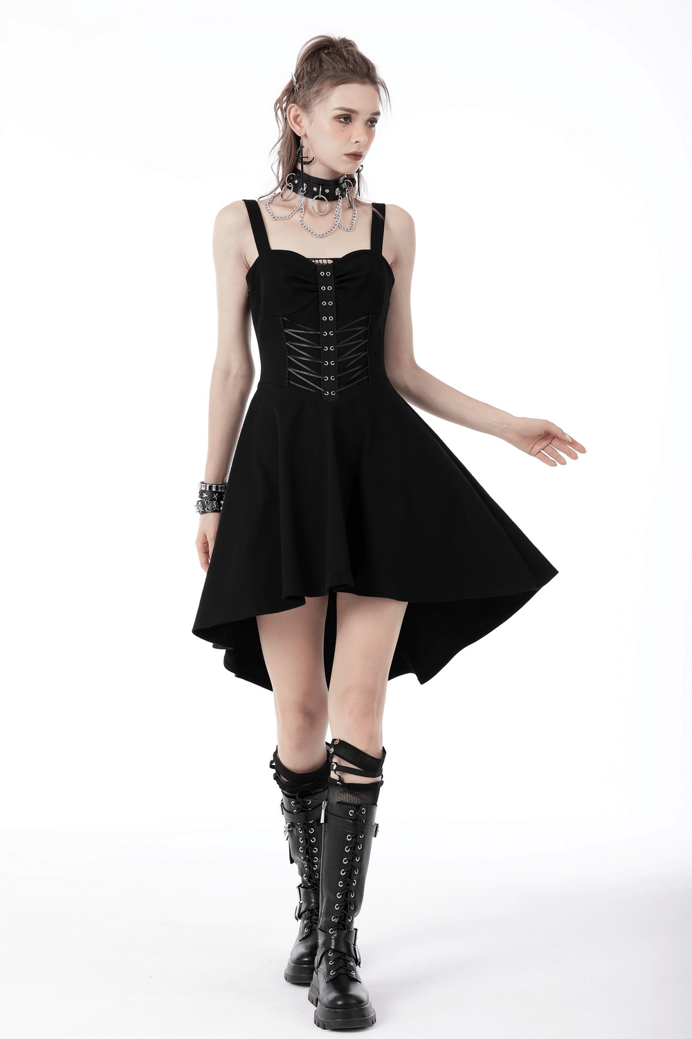 Gothic Black Lace-Up Corset Dress with Asymmetrical Hemline