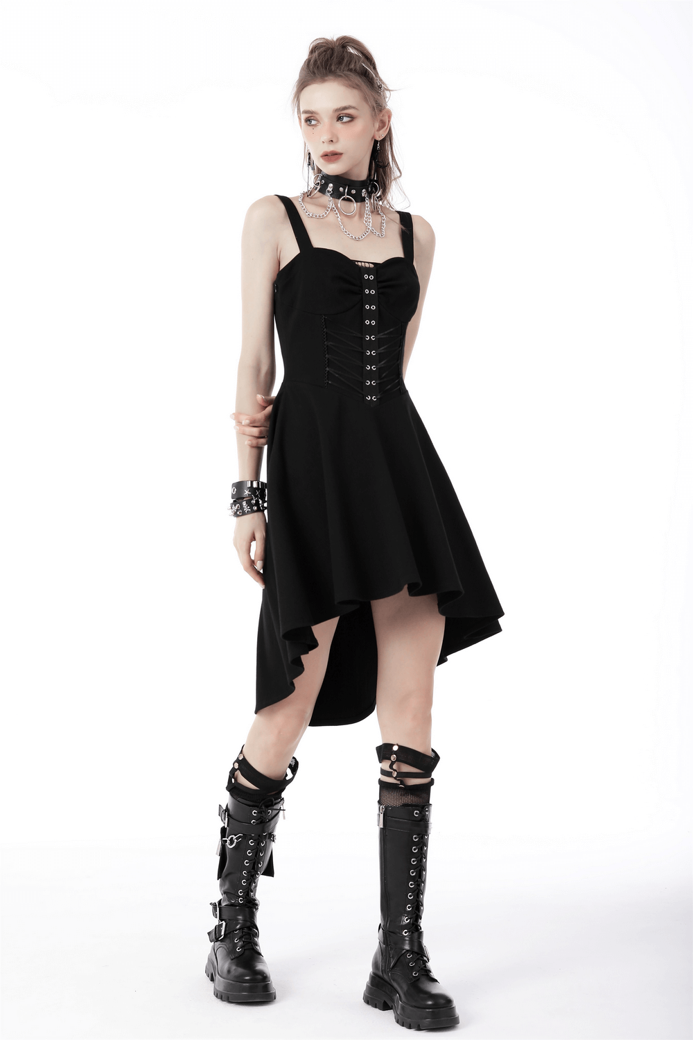 Gothic Black Lace-Up Corset Dress with Asymmetrical Hemline