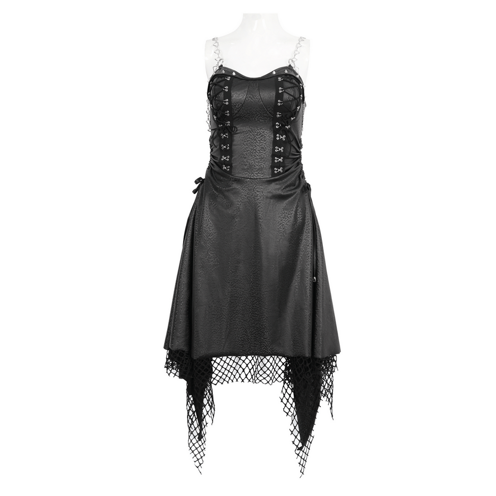 Gothic black lace-up corset dress with fishnet detail and asymmetrical hem, perfect for alternative fashion.
