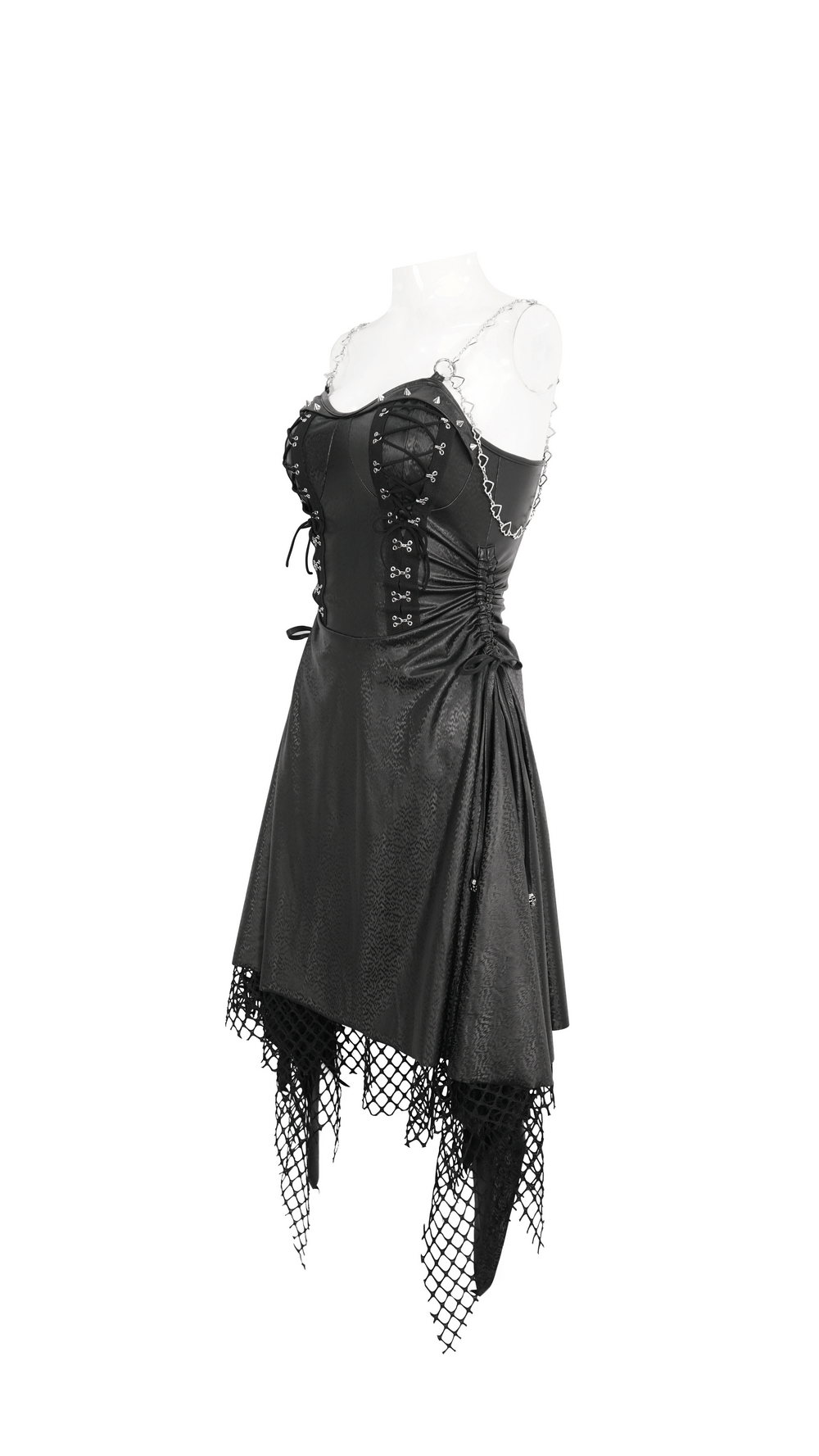 Gothic Black Lace-Up Corset Dress with Fishnet Detail