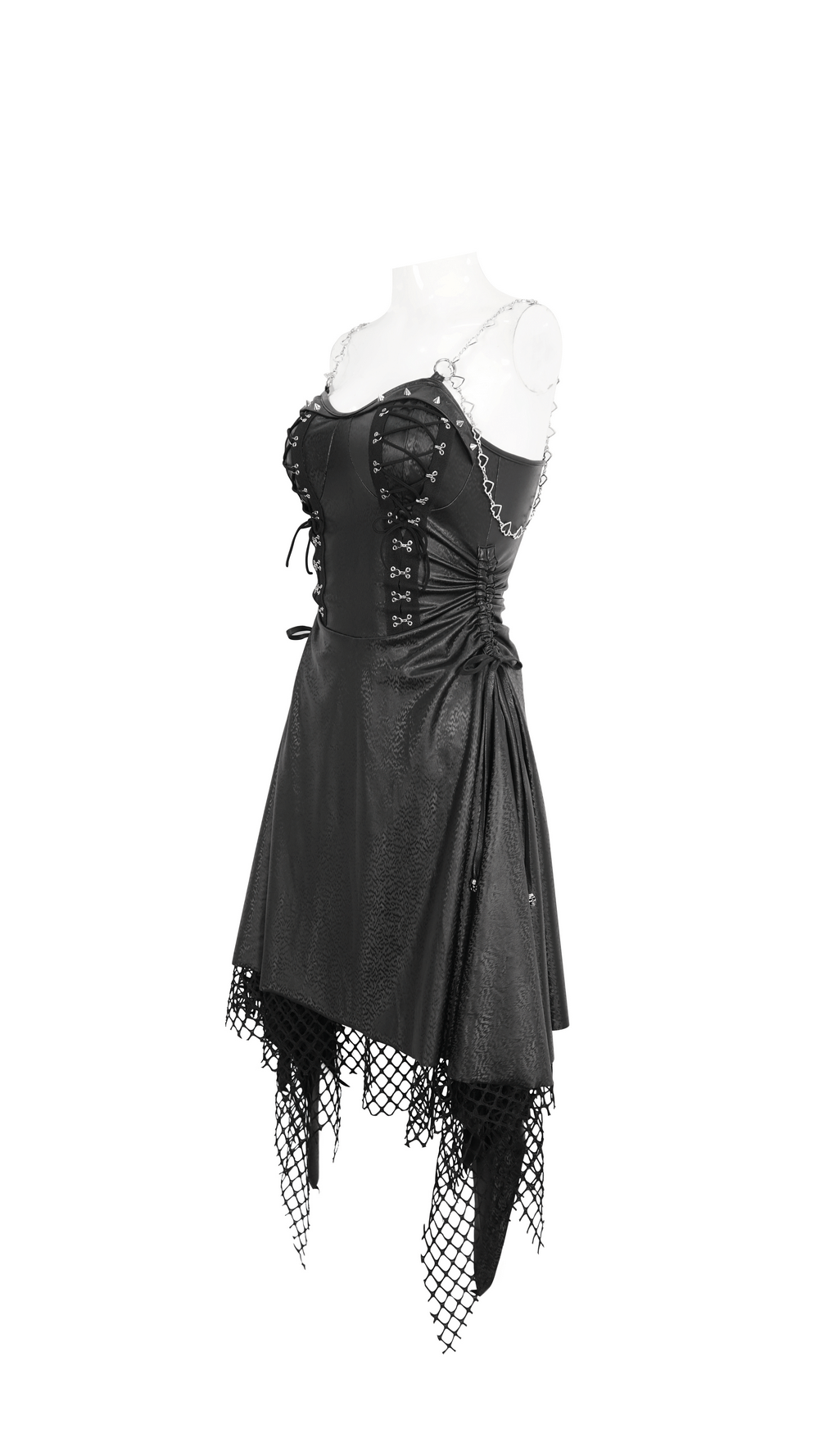 Gothic black lace-up corset dress with fishnet detail and asymmetrical hem, perfect for alternative fashion.