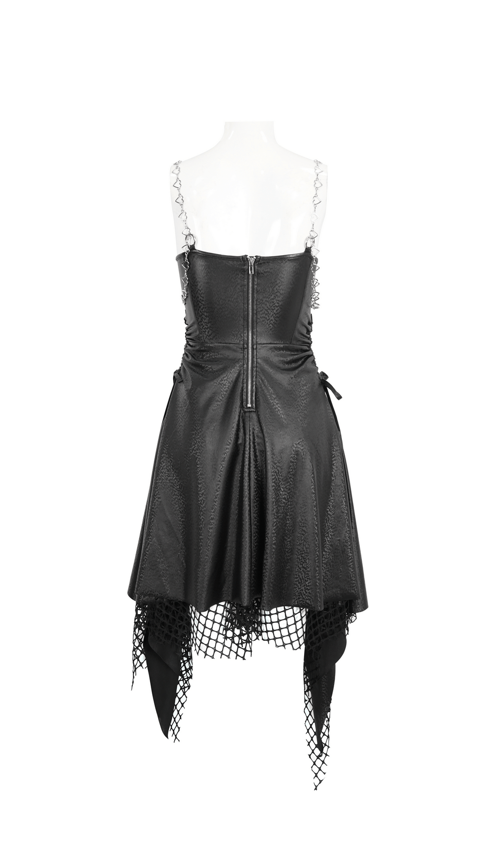 Back view of Gothic black lace-up corset dress with fishnet detail and asymmetrical hem, perfect for alternative fashion.
