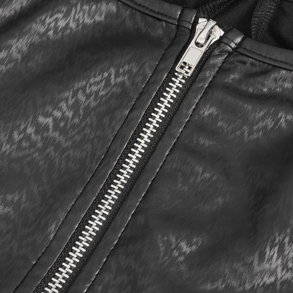 Close-up of zipper detail on a gothic black dress showcasing sleek fabric texture and stylish finish.