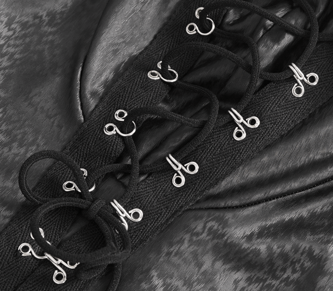 Close-up of Gothic black lace-up corset detailing, showcasing intricate laces and silver accents for an edgy look.