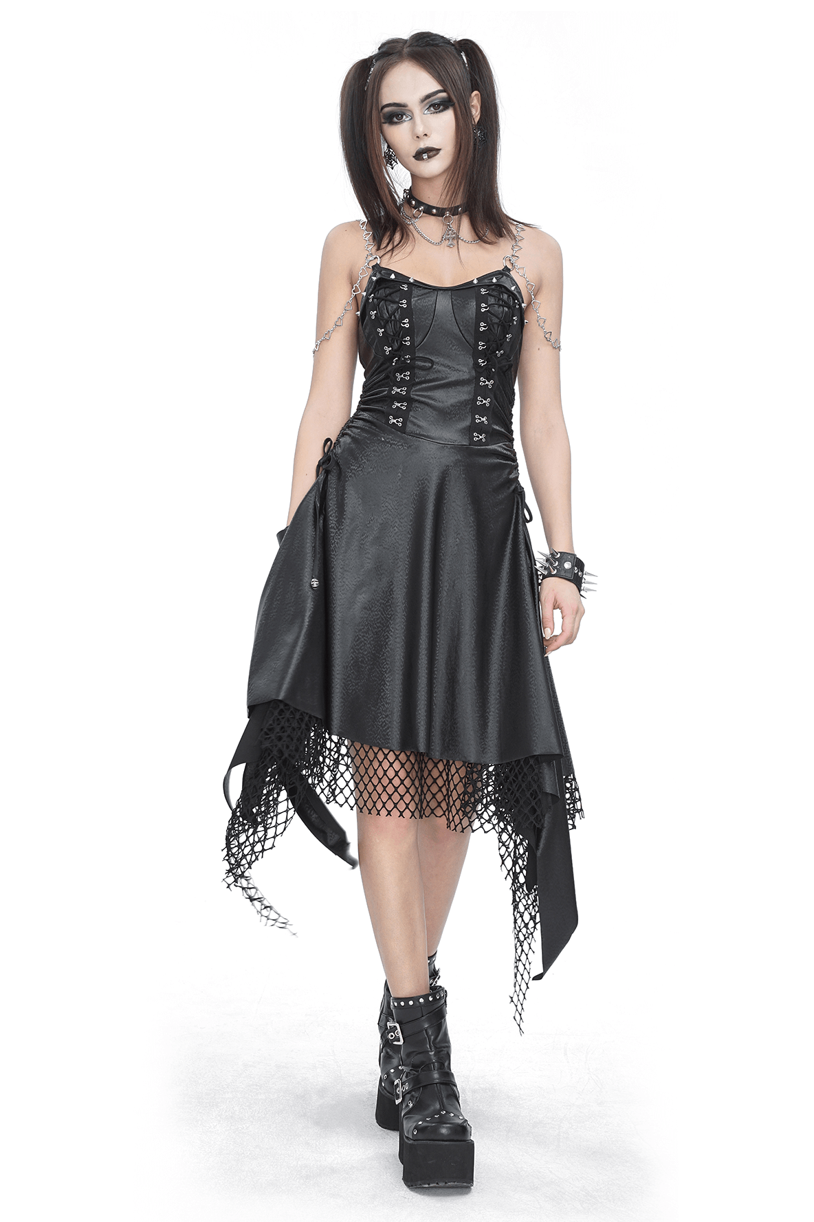 Gothic black lace-up corset dress with asymmetrical hem and fishnet detail, perfect for alternative fashion lovers.