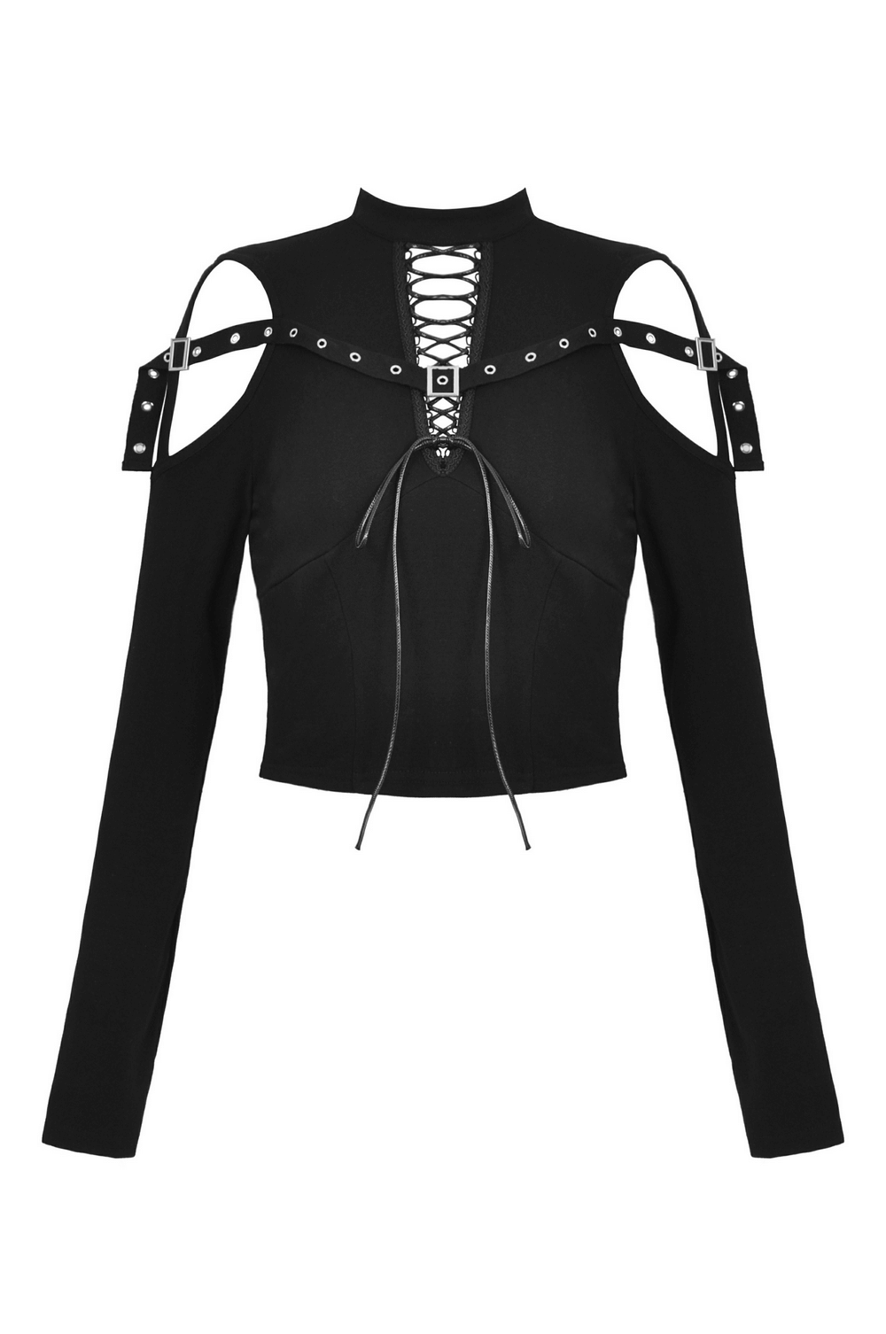 Gothic black lace-up crop top with cut-out details and strappy shoulders for an edgy fashion statement.