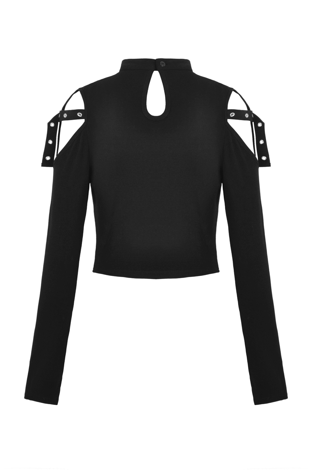 Gothic black lace-up crop top with cut-out details and strappy shoulders, perfect for edgy fashion.