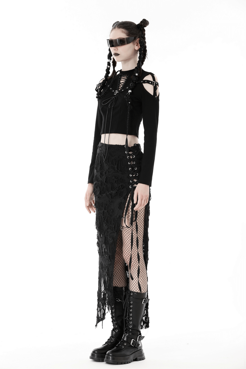 Gothic Black Lace-Up Crop Top with Cut-Out Details