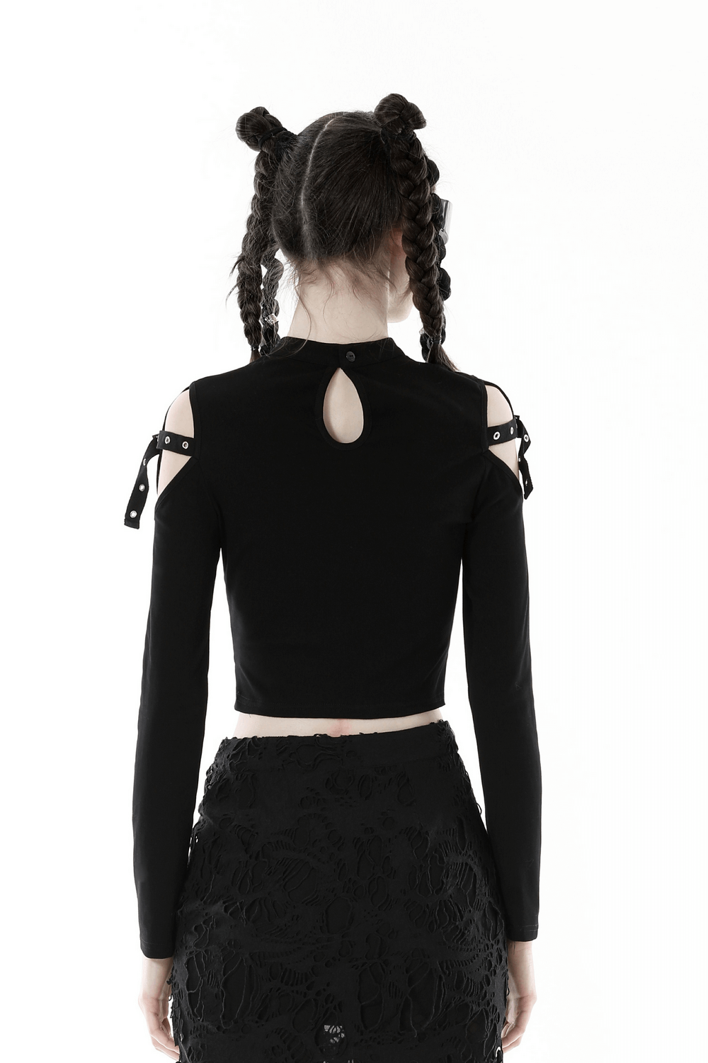 Back view of a gothic black lace-up crop top with cut-out shoulder details and strappy accents.