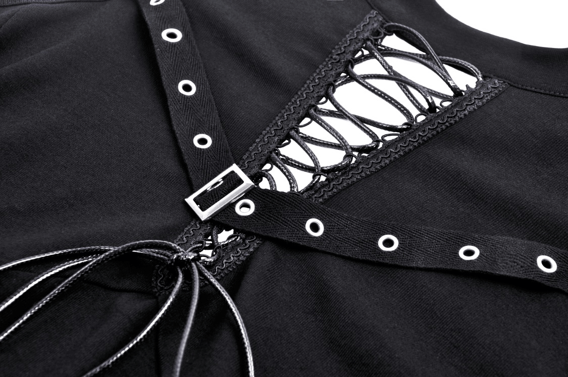 Close-up of black lace-up crop top with cut-out details and strappy design, showcasing gothic style and edgy elegance.