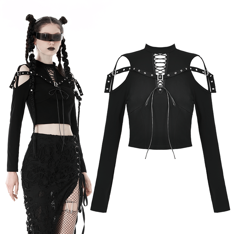 Gothic black lace-up crop top with cut-out shoulders and edgy strappy design, perfect for bold fashion statements.