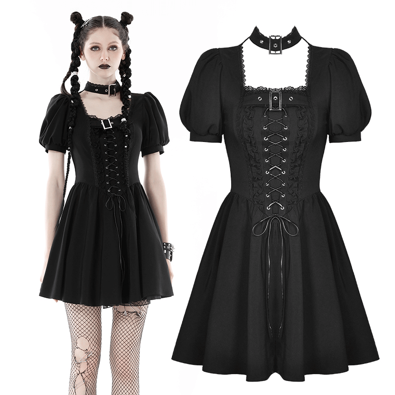 Gothic black lace-up mini dress with puff sleeves and adjustable choker, embodying dark elegance in fashion.
