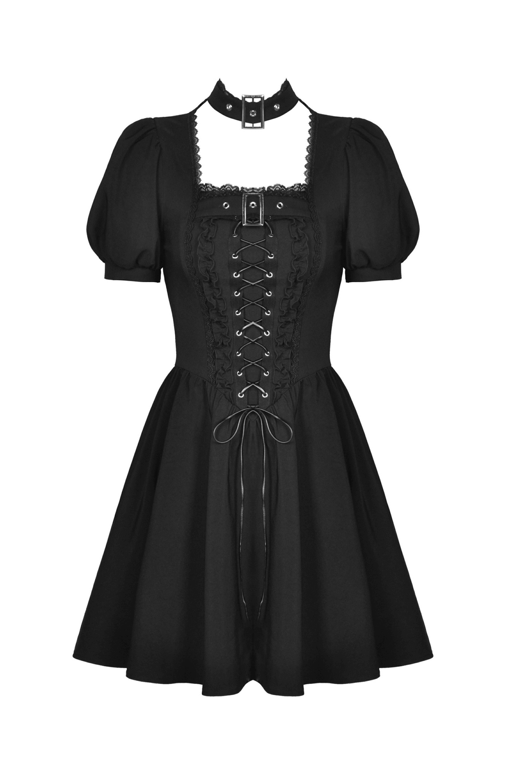 Gothic black lace-up mini dress with puff sleeves and adjustable choker for a dark, elegant aesthetic.
