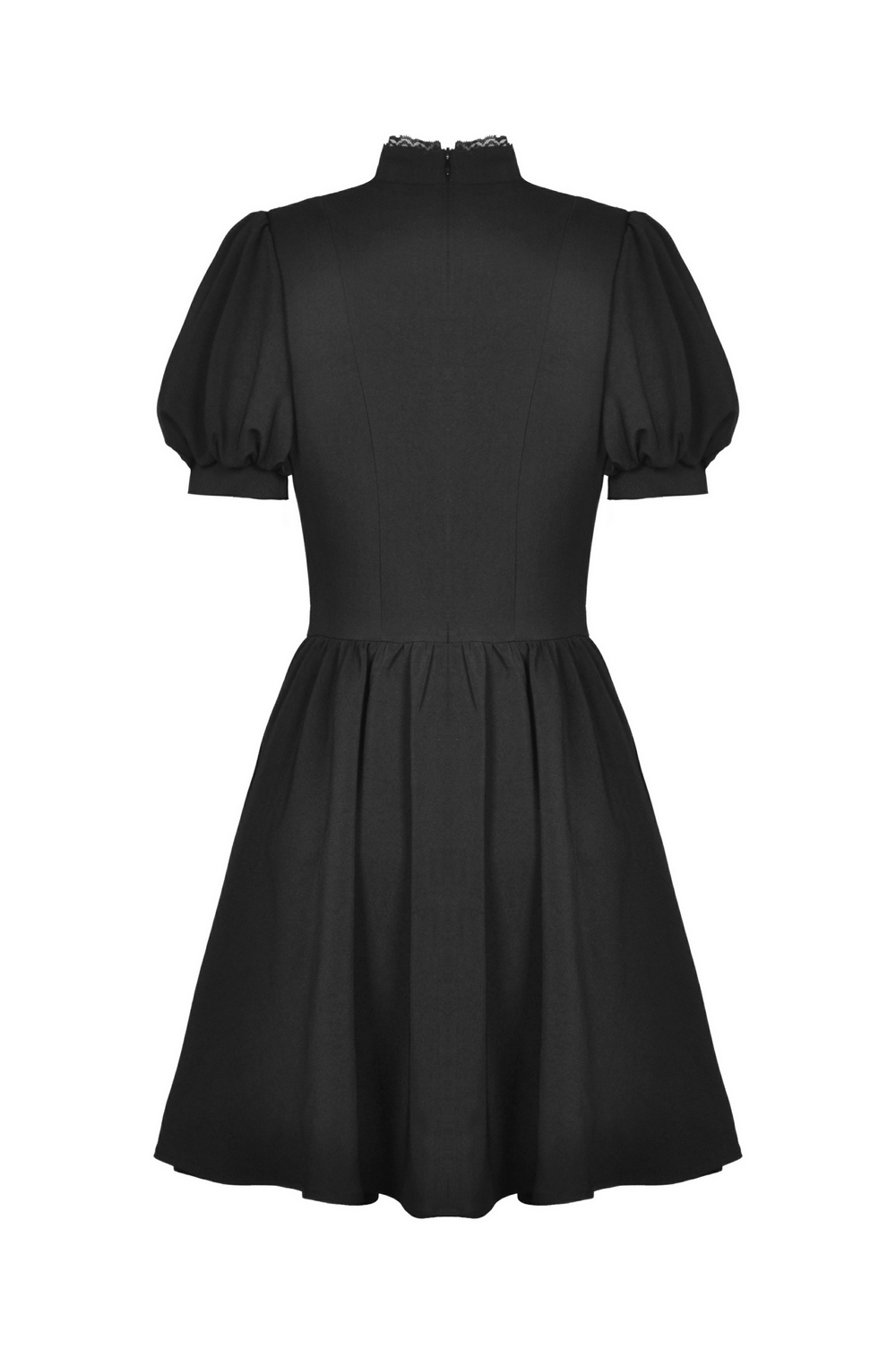 Back view of Gothic Black Lace-Up Dress with puff sleeves, showcasing a flared mini skirt and elegant design.