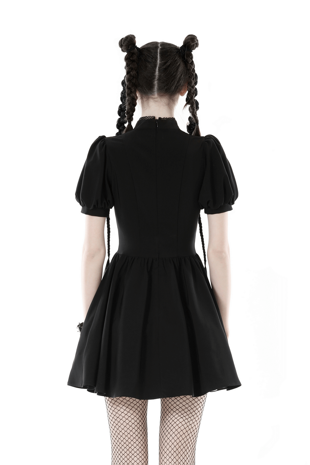 Back view of a gothic black mini dress with puff sleeves, showcasing a lace-up design and stylish choker.