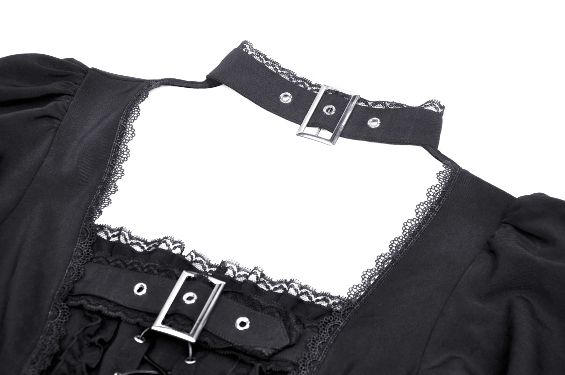 Close-up of Gothic black lace-up dress showing puff sleeves and adjustable choker detail.