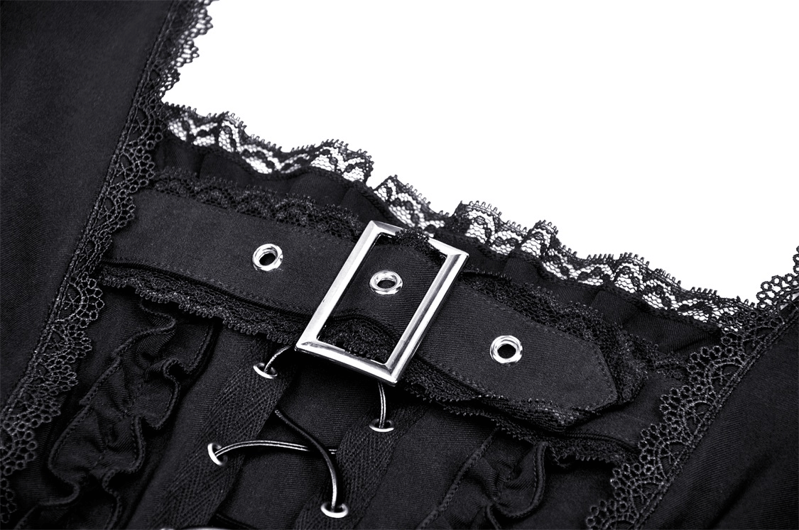 Close-up of gothic black dress detailing with lace trim and buckle accents, showcasing dark elegance and style.