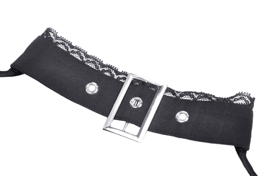 Close-up of a black lace choker belt with silver buckle, perfect for gothic fashion styles.