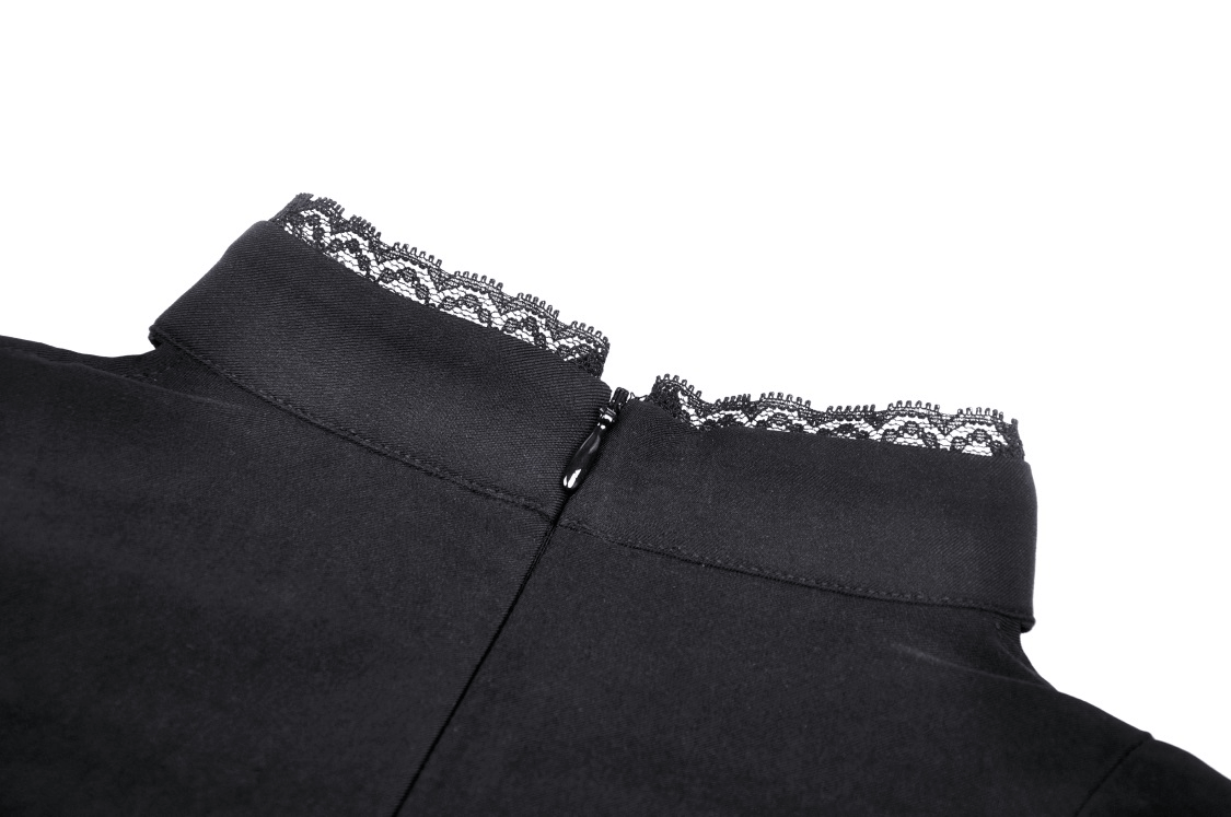 Close-up of the collar with delicate lace detailing on the Gothic Black Lace-Up Dress.