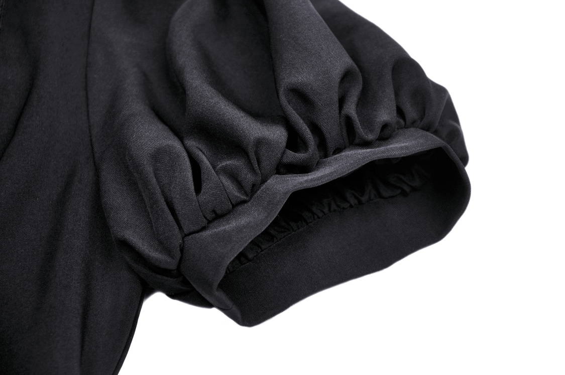 Close-up of the puff sleeve detail on a Gothic black lace-up dress, showcasing elegant dark aesthetic fabric.