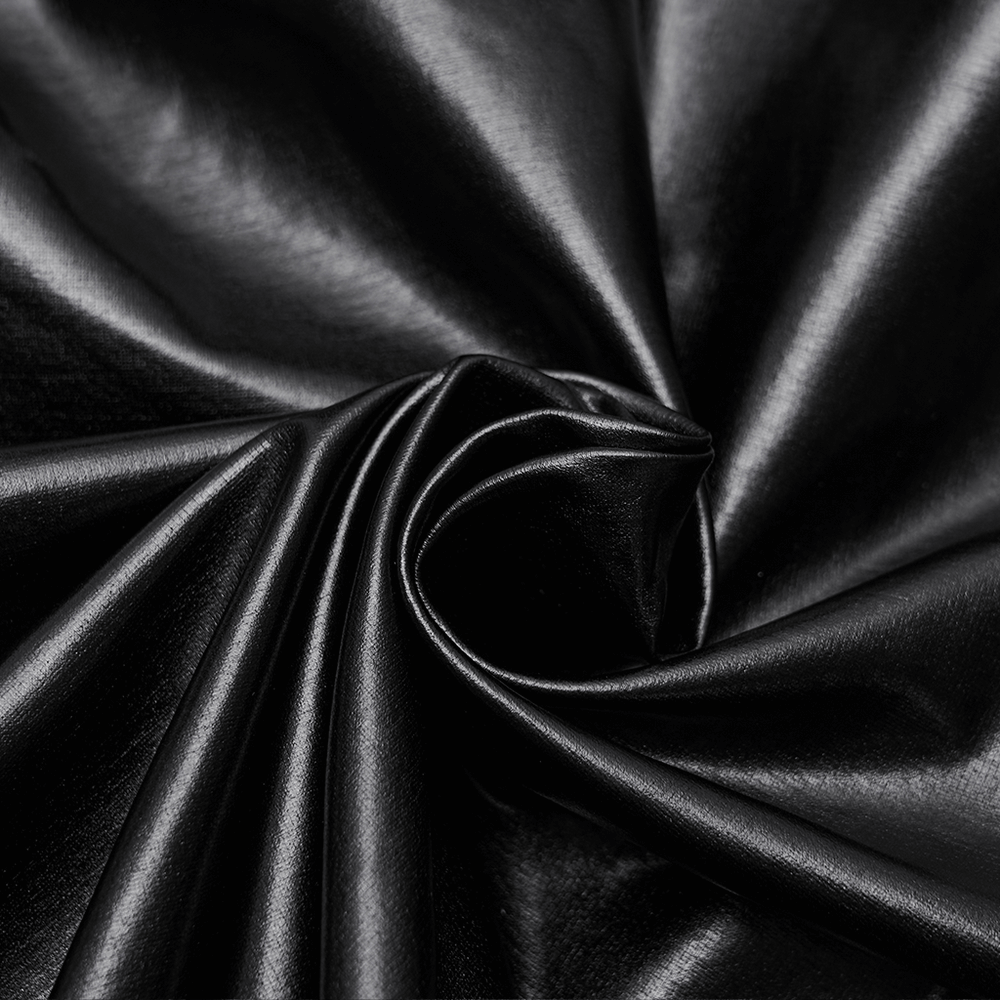 Gothic Black Lace-Up Faux Leather Long Sleeve Top fabric detail showcasing shiny, rubberized knit material.