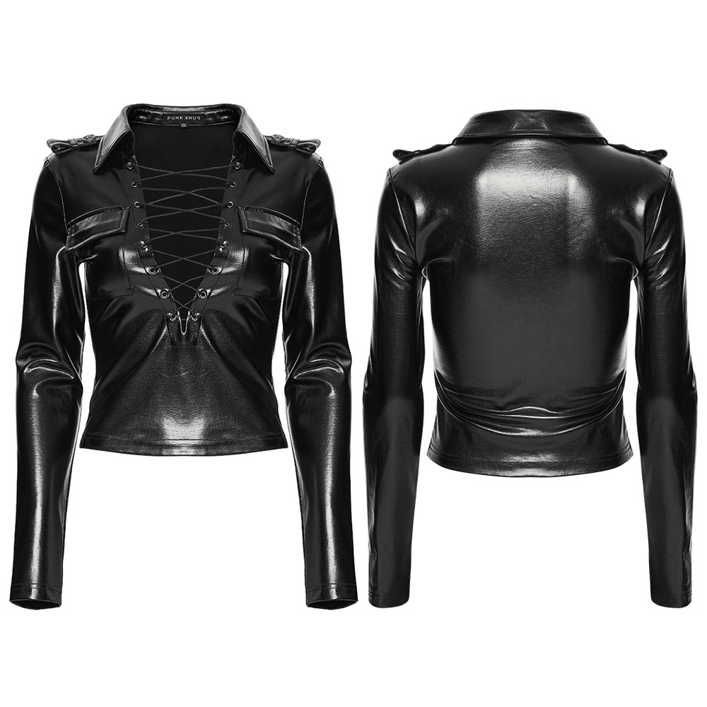 Gothic Black Lace-Up Faux Leather Long Sleeve Top featuring lace-up front and edgy shoulder details.