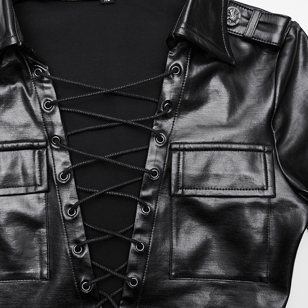 Gothic Black Lace-Up Faux Leather Long Sleeve Top with lace-up front and stylish shoulder loops.