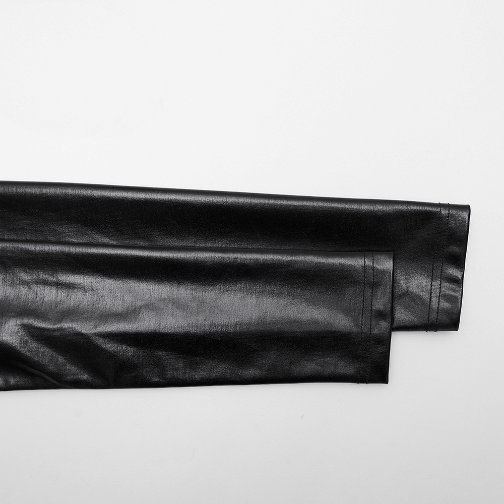 Gothic Black Lace-Up Faux Leather Long Sleeve Top featuring shiny black faux leather sleeves.