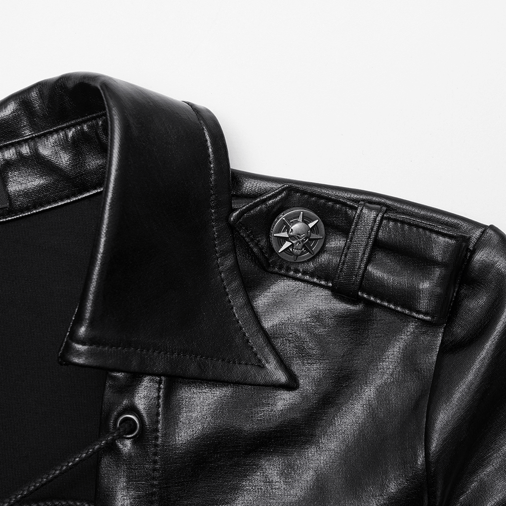 Gothic Black Lace-Up Faux Leather Long Sleeve Top collar detail with military button.