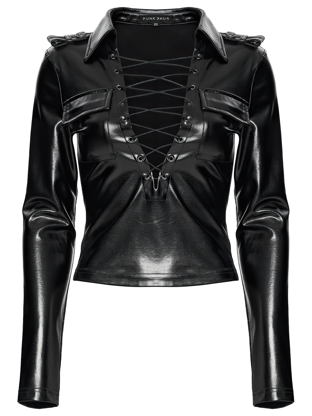 Gothic Black Lace-Up Faux Leather Long Sleeve Top with edgy lace-up front and shoulder loops in shiny finish.