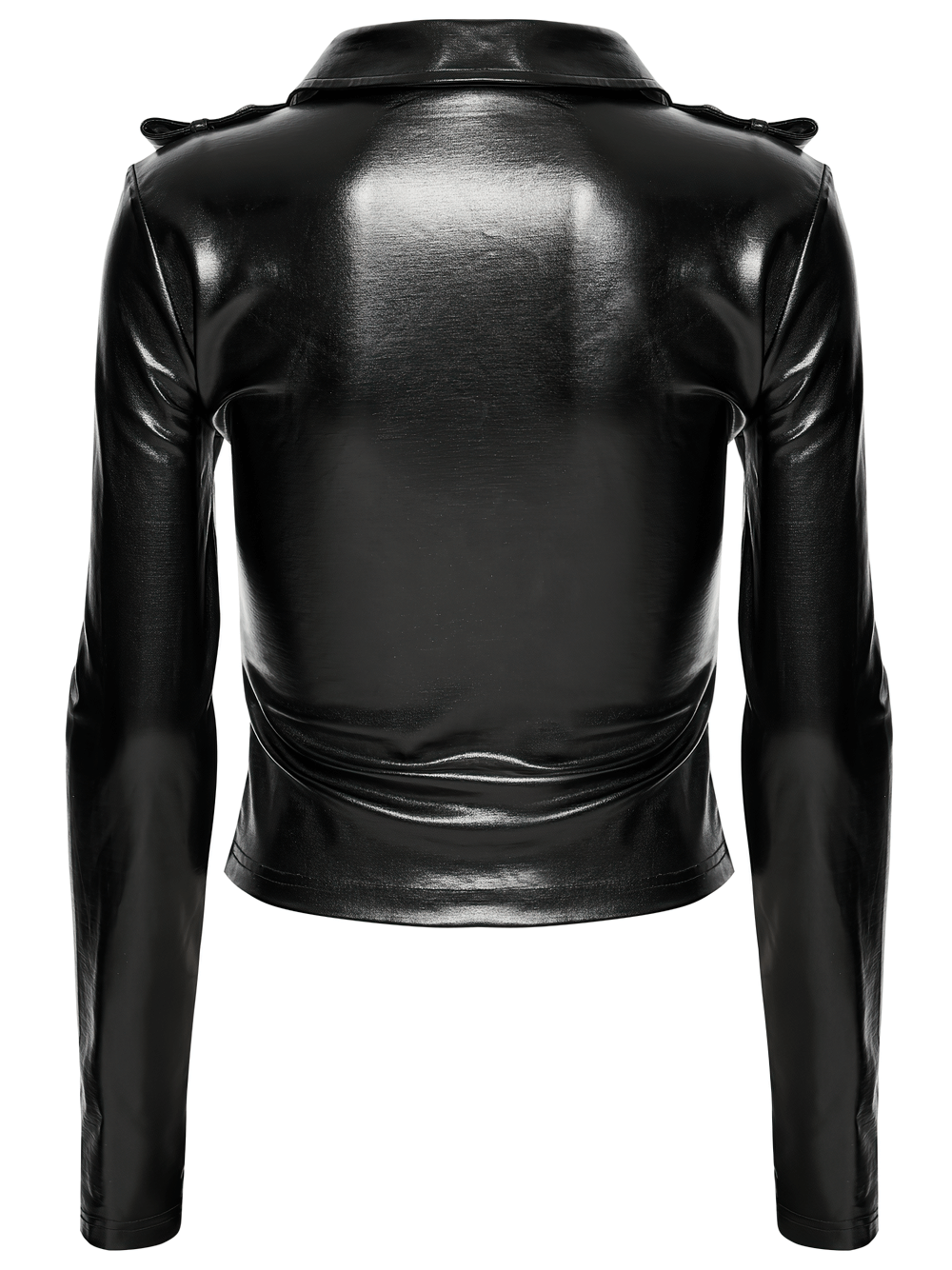Gothic Black Lace-Up Faux Leather Long Sleeve Top back view showing shiny black fabric and shoulder loops.