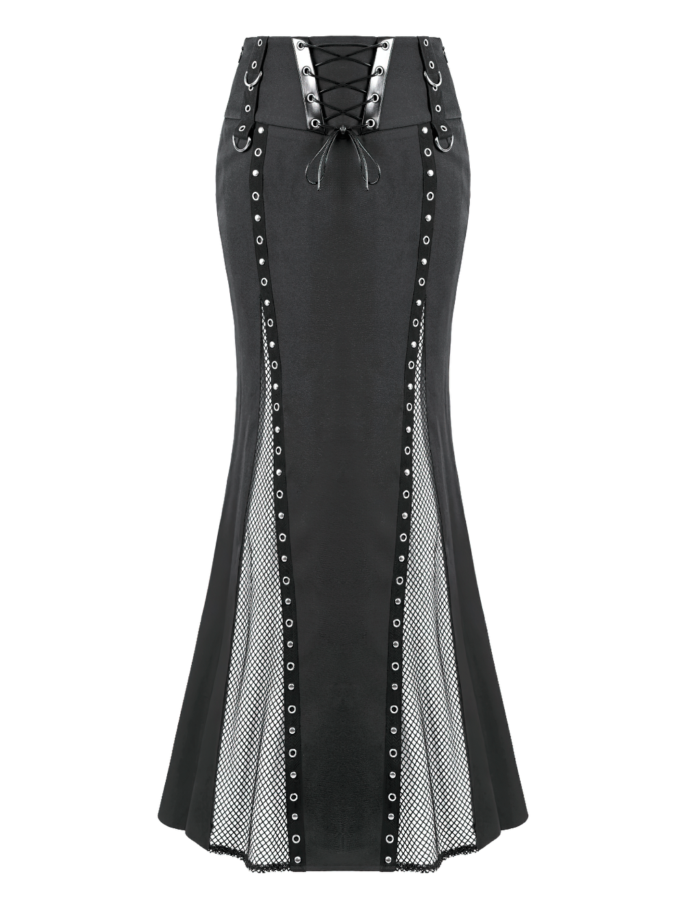 Gothic Black Lace Up Mermaid Maxi Skirt with Mesh, punk rock fishtail skirt with studded panels