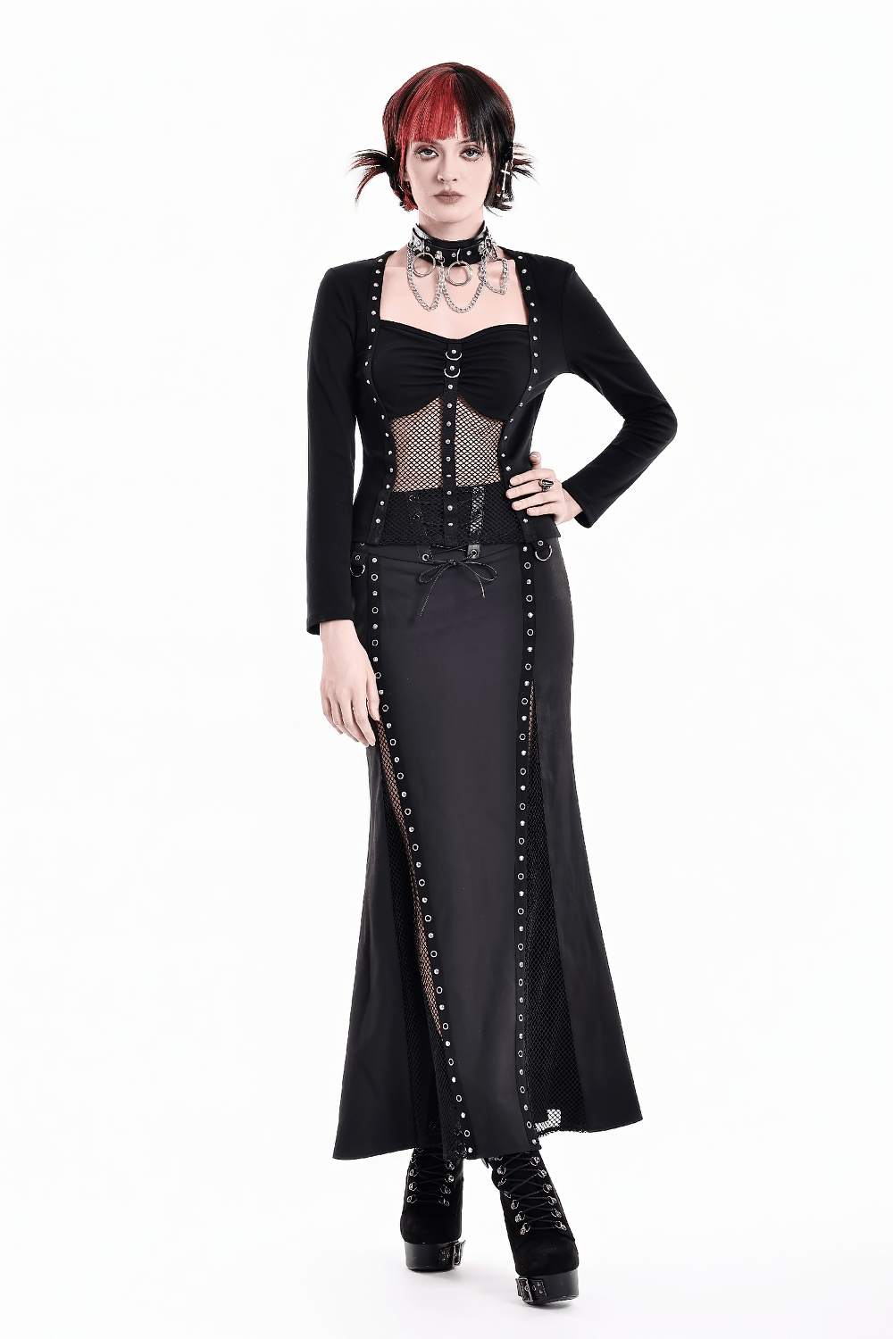 Gothic Black Lace Up Mermaid Maxi Skirt with Mesh, punk rock fishtail skirt with studded panels and sheer inserts