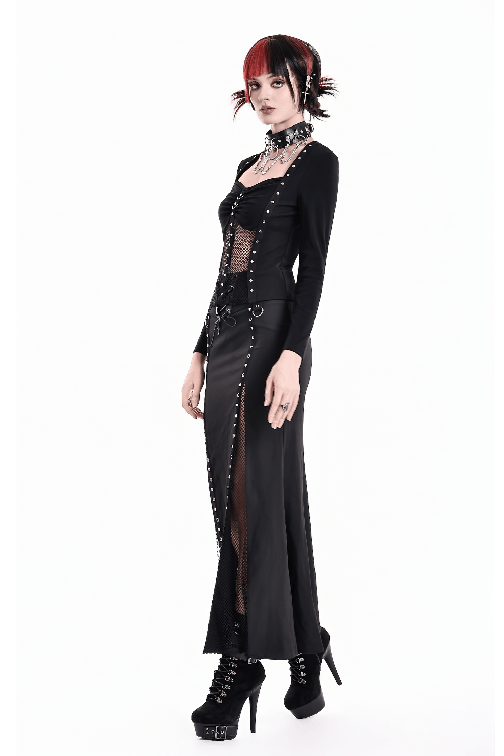 Gothic Black Lace Up Mermaid Maxi Skirt with Mesh, punk rock fishtail silhouette with sheer side inserts