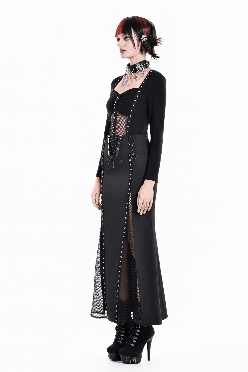 Gothic Black Lace Up Mermaid Maxi Skirt with Mesh punk rock fishtail skirt with studded panels and mesh inserts