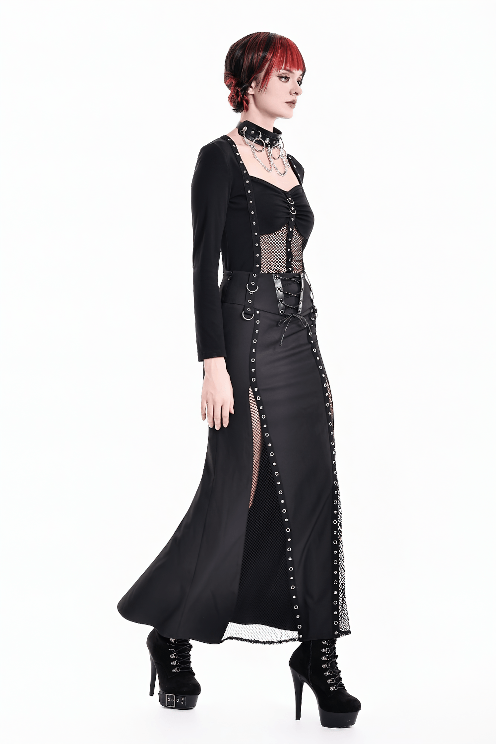 Gothic Black Lace Up Mermaid Maxi Skirt with Mesh, punk rock long fishtail skirt with studded panels