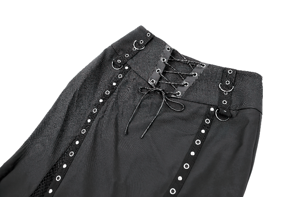 Gothic Black Lace Up Mermaid Maxi Skirt with Mesh, punk rock fishtail style with studded panels and D-rings
