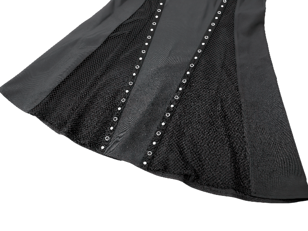 Gothic Black Lace Up Mermaid Maxi Skirt with Mesh, punk rock fishtail skirt with studded panels