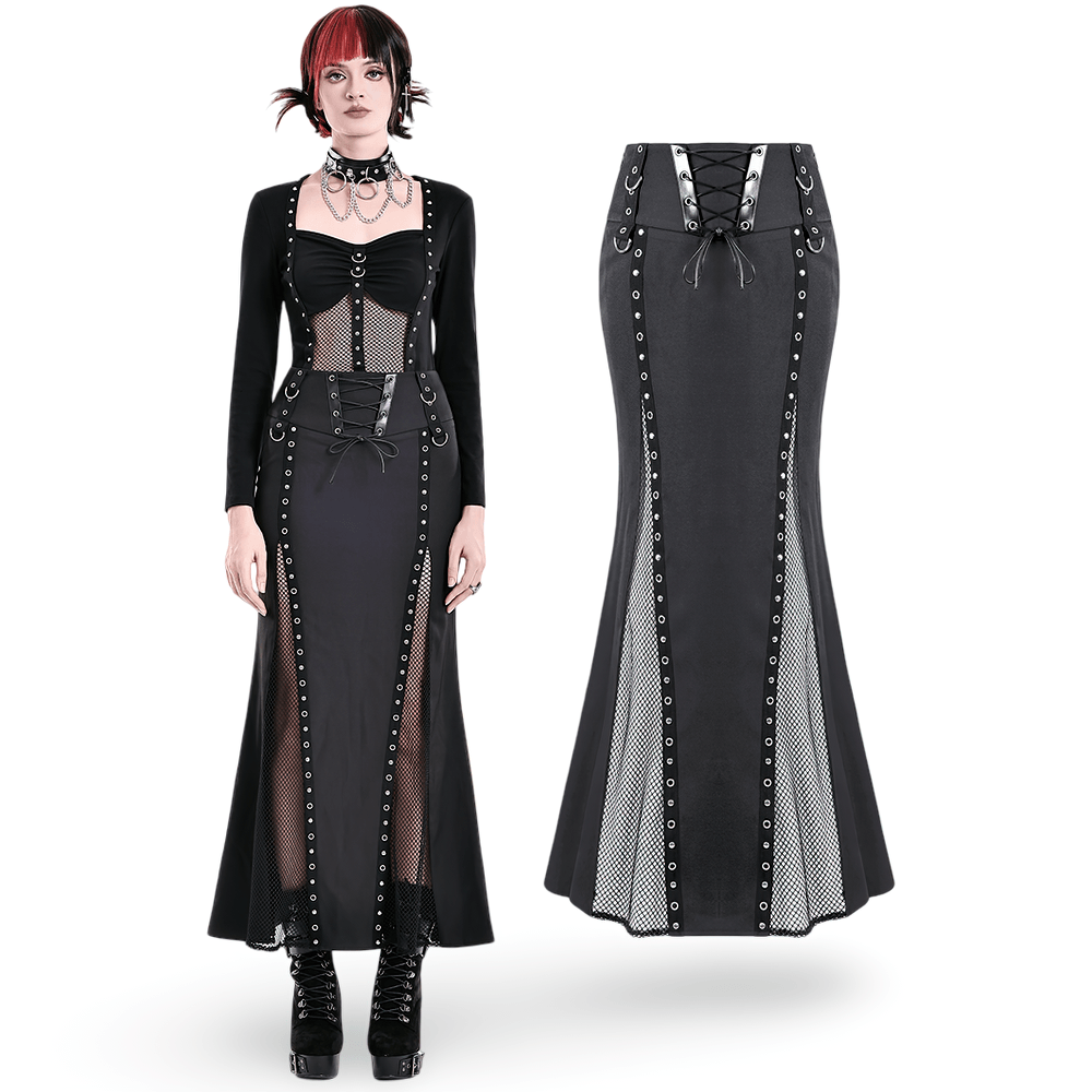 Gothic Black Lace Up Mermaid Maxi Skirt with Mesh, black punk rock fishtail skirt with studded panels and mesh inserts