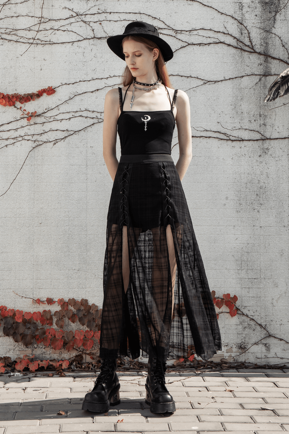 Gothic Black Lace-Up Mesh Skirt Asymmetrical Hem