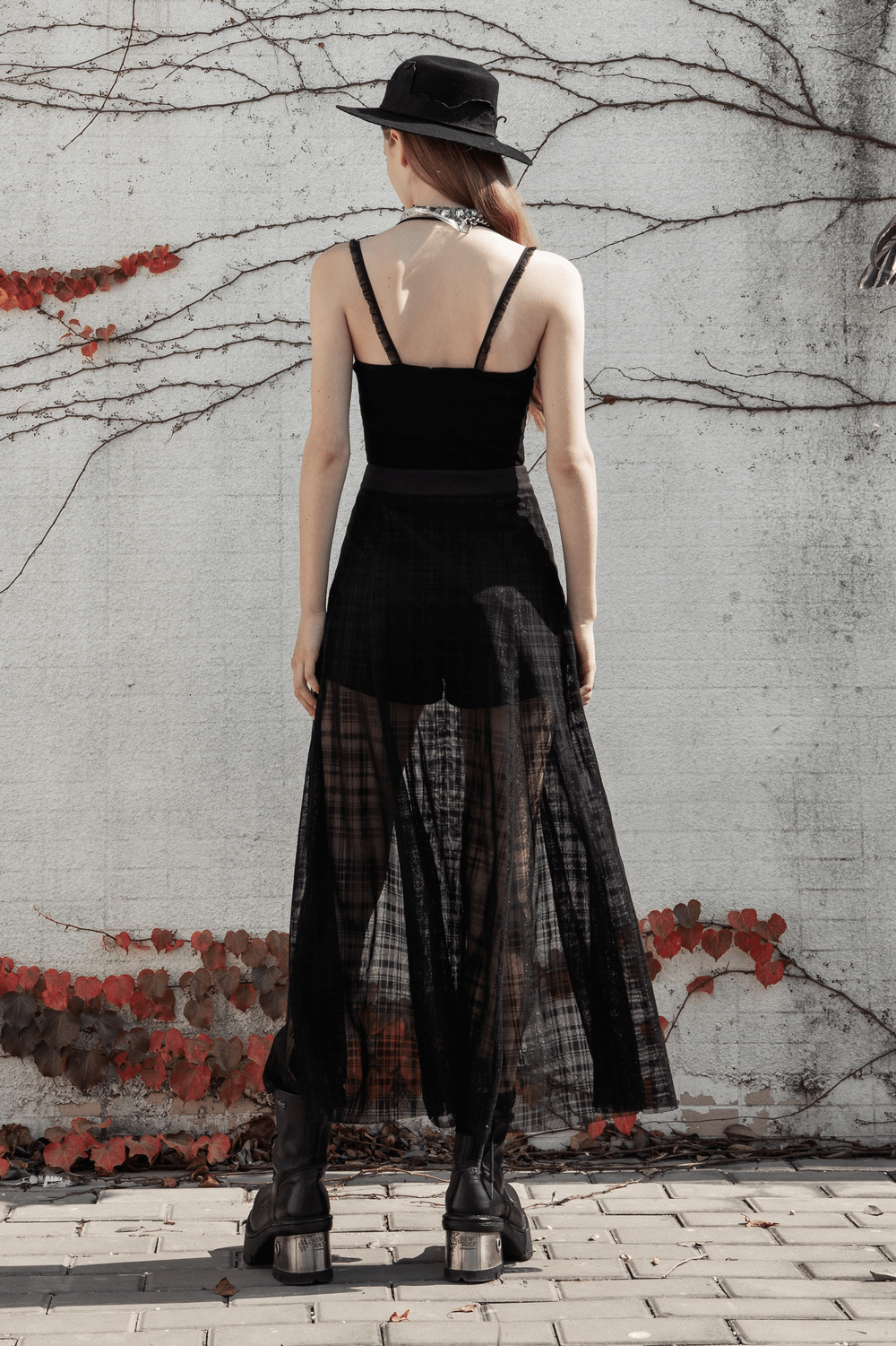 Gothic Black Lace-Up Mesh Skirt Asymmetrical Hem