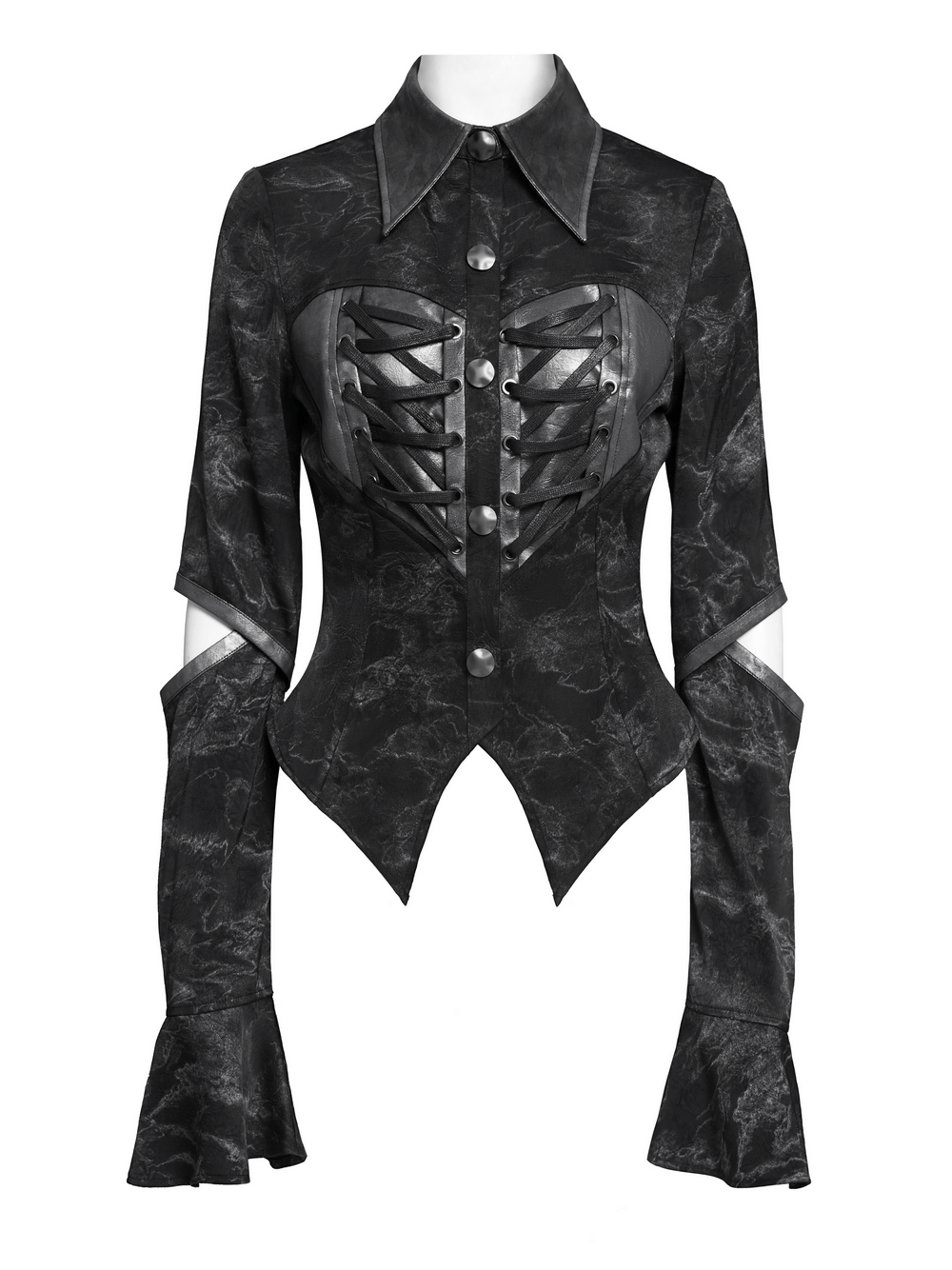 Gothic black lace-up shirt with cut-out sleeves, flared cuffs, and structured collar for punk-inspired style.