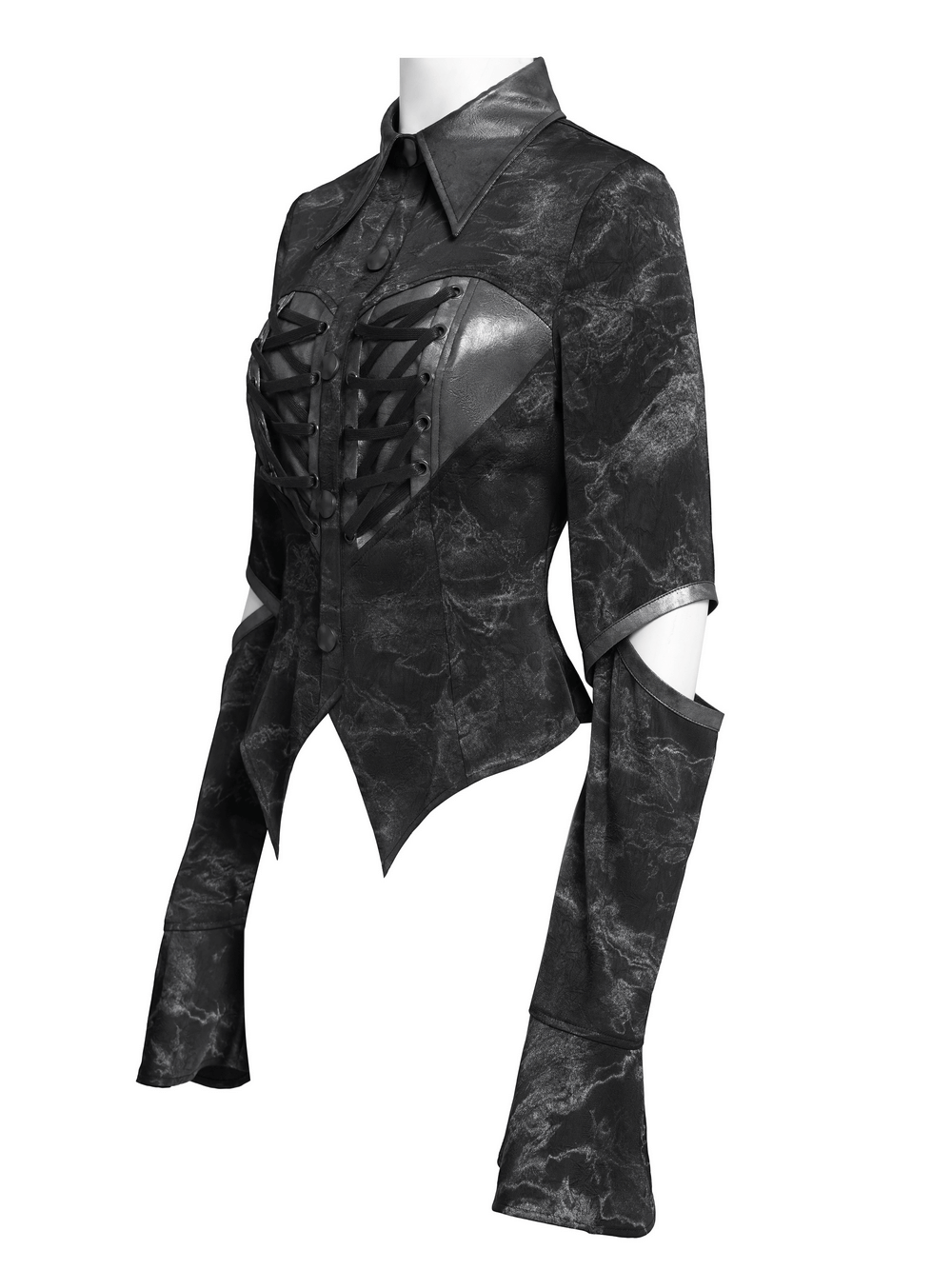 Gothic black lace-up shirt with cut-out sleeves, flared cuffs, and structured collar for punk-inspired fashion.