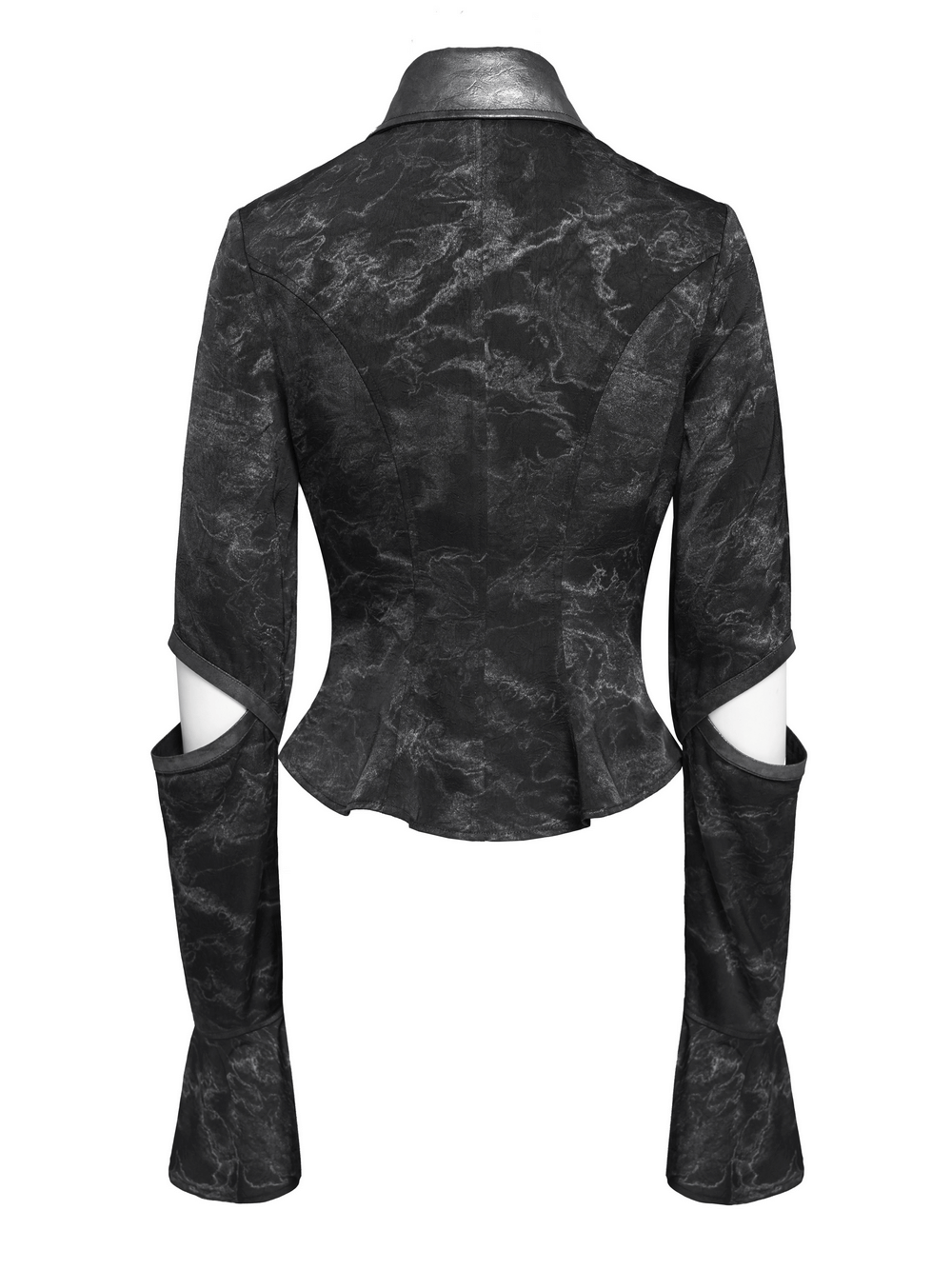Back view of Gothic Black Lace-Up Shirt featuring cut-out sleeves and flared cuffs for dramatic punk style.