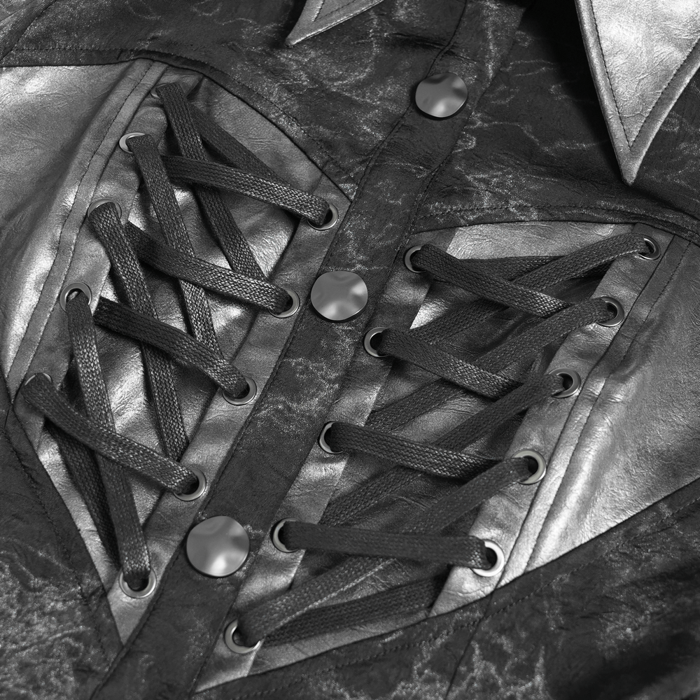 Close-up of the gothic black lace-up shirt showcasing intricate lace-up details and stylish buttons.