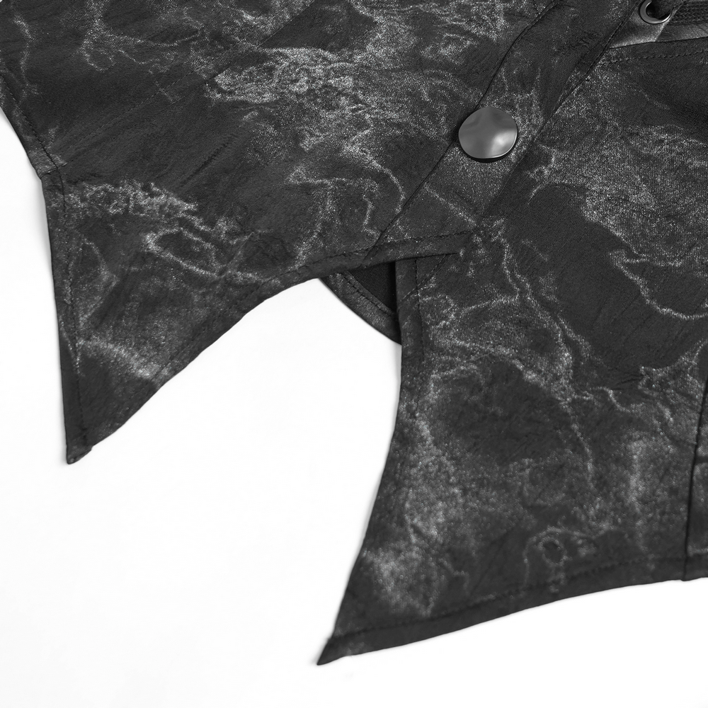 Close-up view of gothic black lace-up shirt with edgy cut-out sleeves and structured collar